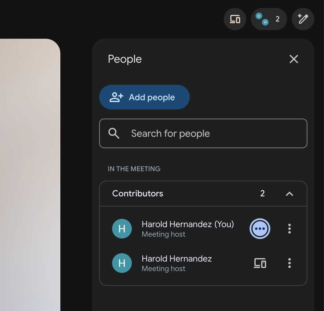 Google Meet People panel listing two contributors under the same name: "Harold Hernandez (You)" and a second "Harold Hernandez" marked with a companion-device icon