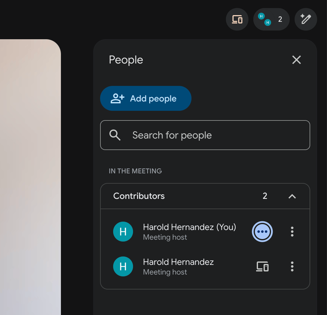 Google Meet People panel listing two contributors under the same name: "Harold Hernandez (You)" and a second "Harold Hernandez" marked with a companion-device icon