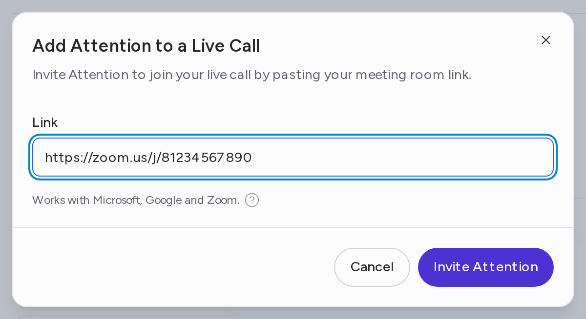 The Add Attention to a Live Call dialog with a Zoom meeting link pasted into the Link field and the Invite Attention button