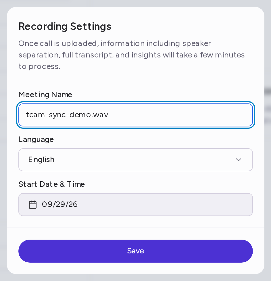 The Recording Settings dialog with the Meeting Name, Language and Start Date & Time fields and the Save button