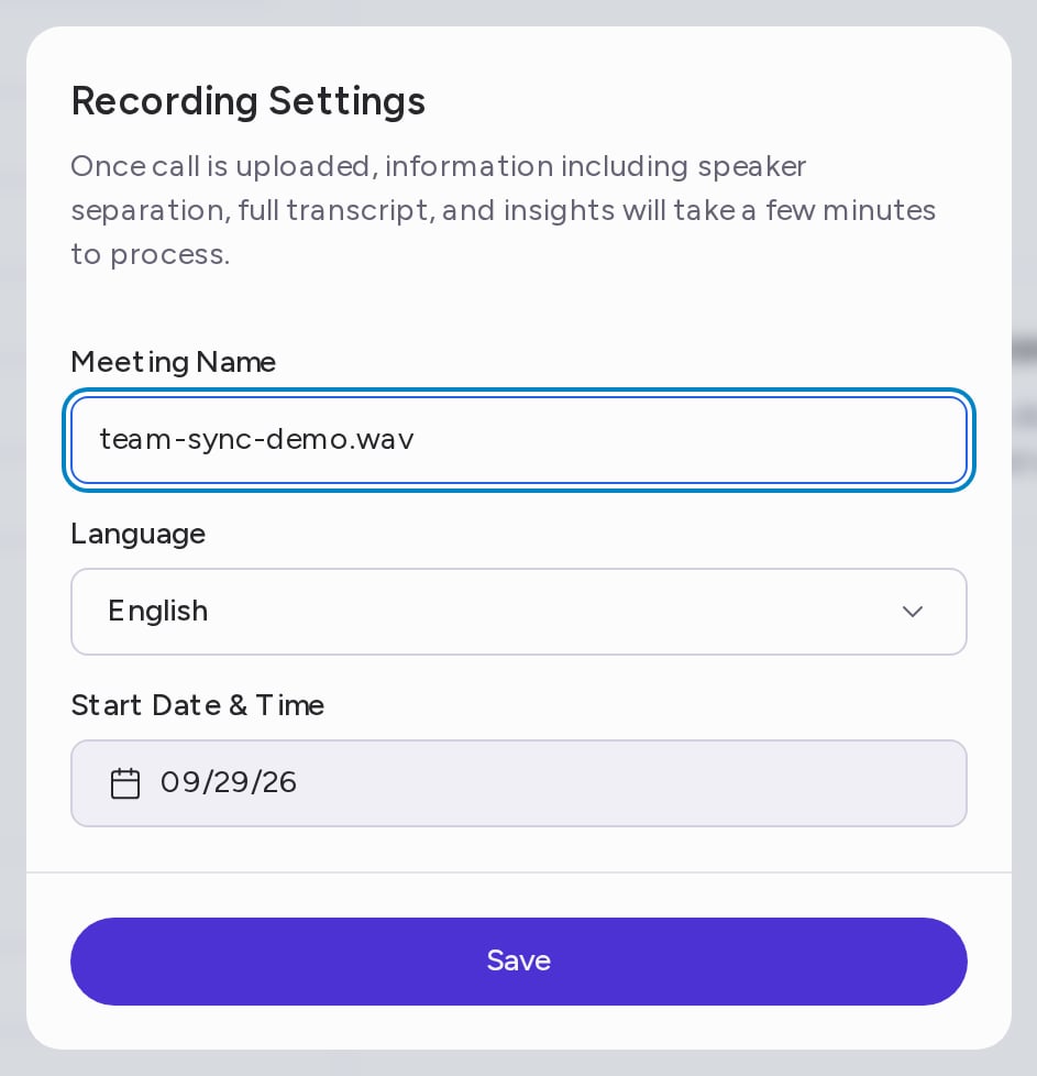The Recording Settings dialog with the Meeting Name, Language and Start Date & Time fields and the Save button