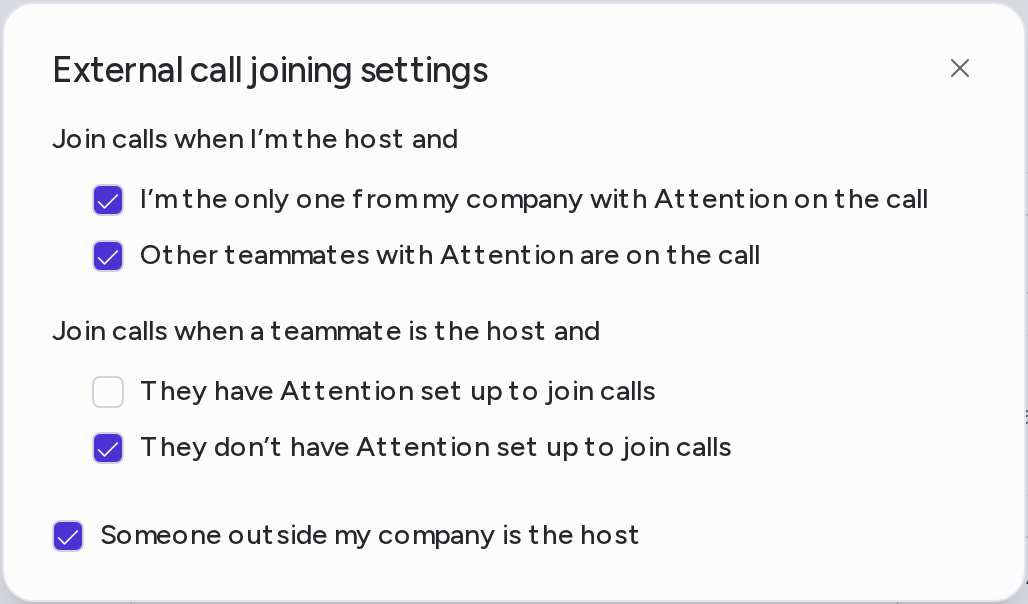 The External call joining settings dialog with four of the five options checked, as they are by default