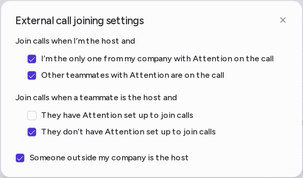 The External call joining settings dialog with four of the five options checked, as they are by default