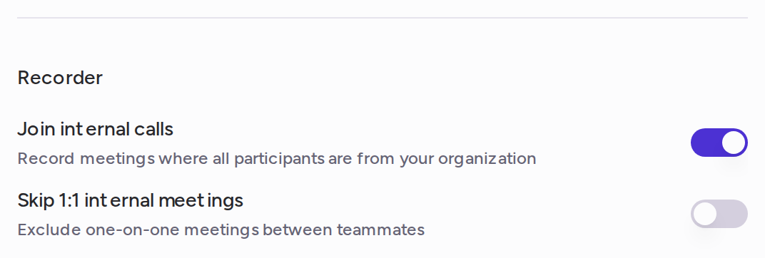 The Recorder section of a team's Settings tab, with Join internal calls on and Skip 1:1 internal meetings off