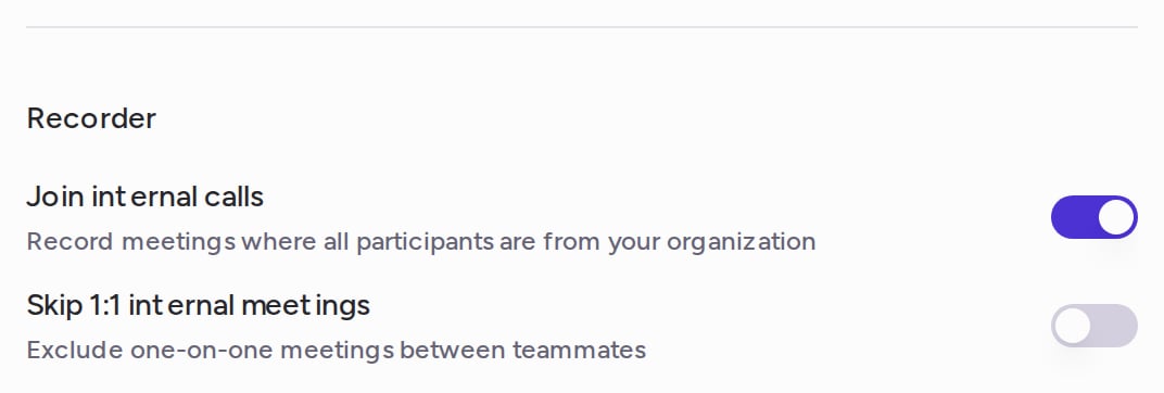 The Recorder section of a team's Settings tab, with Join internal calls on and Skip 1:1 internal meetings off