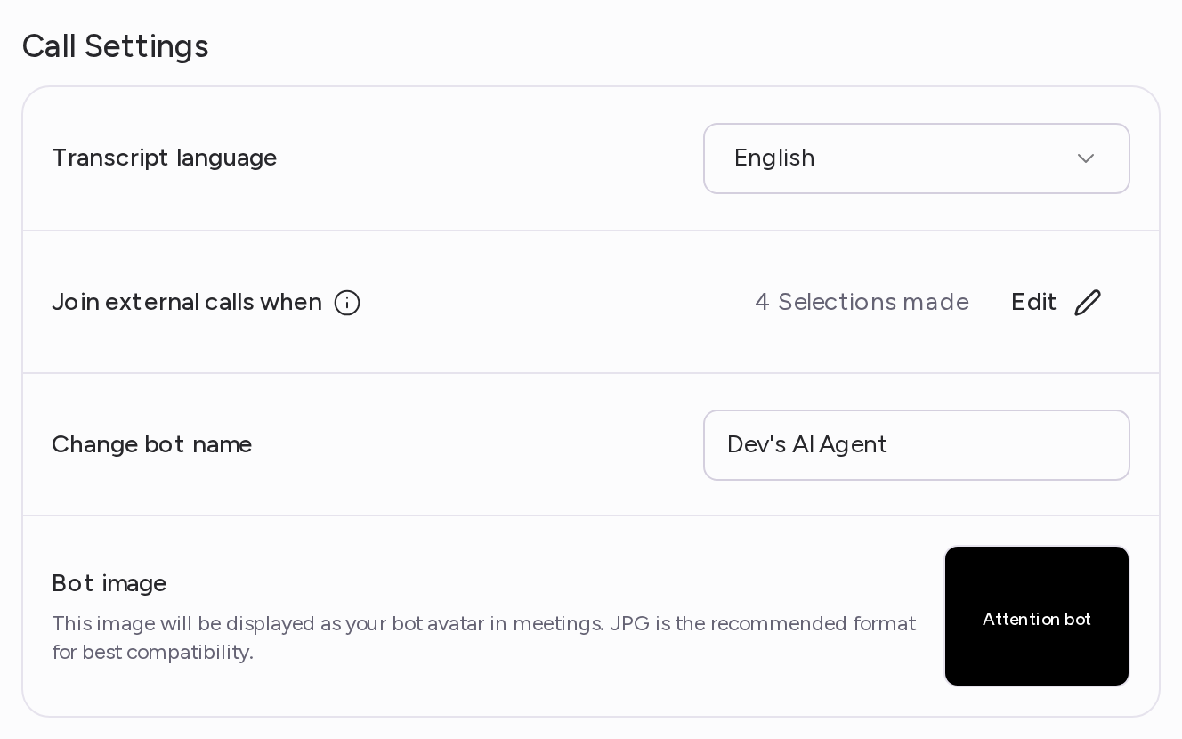 The Call Settings card with Transcript language, Join external calls when, Change bot name and Bot image