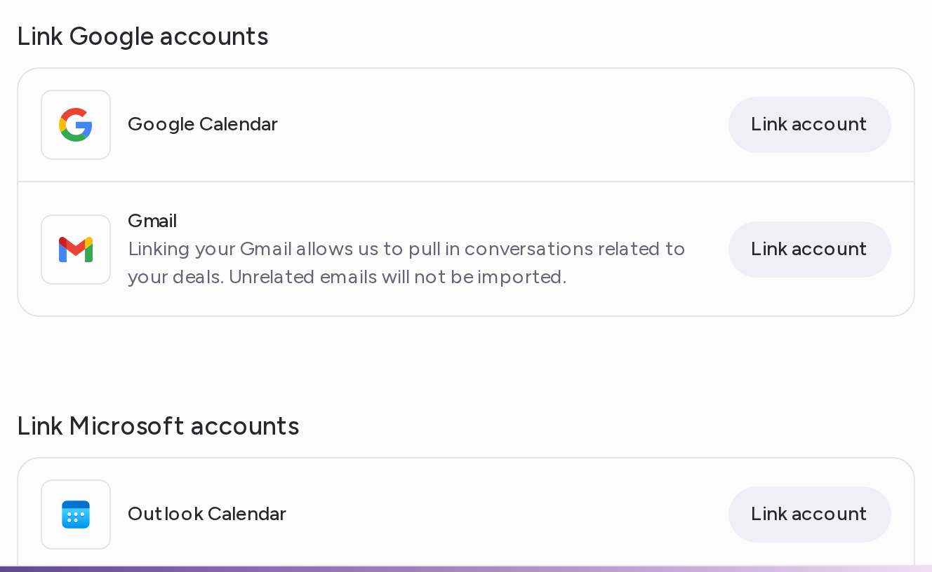 The Link Google accounts and Link Microsoft accounts cards, each with a calendar and an email row and a Link account button