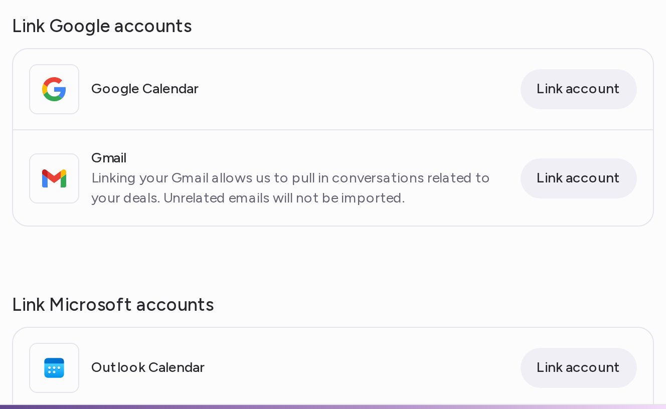 The Link Google accounts and Link Microsoft accounts cards, each with a calendar and an email row and a Link account button