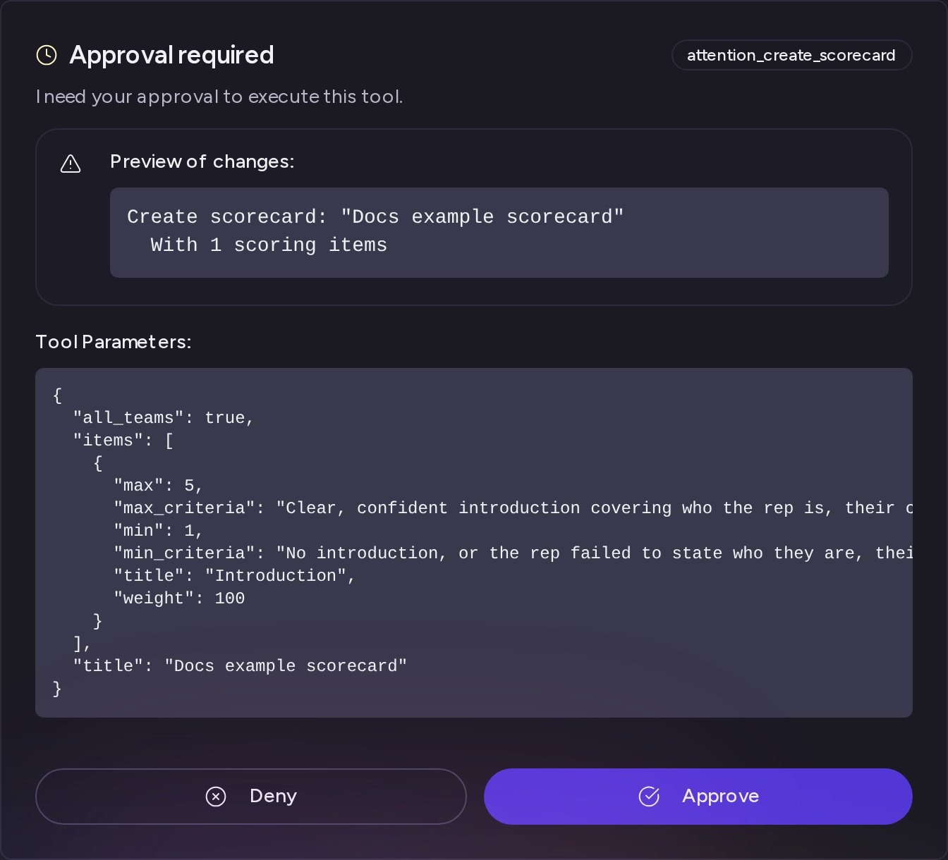 An Approval required card in Super Agent chat, before clicking Approve or Deny