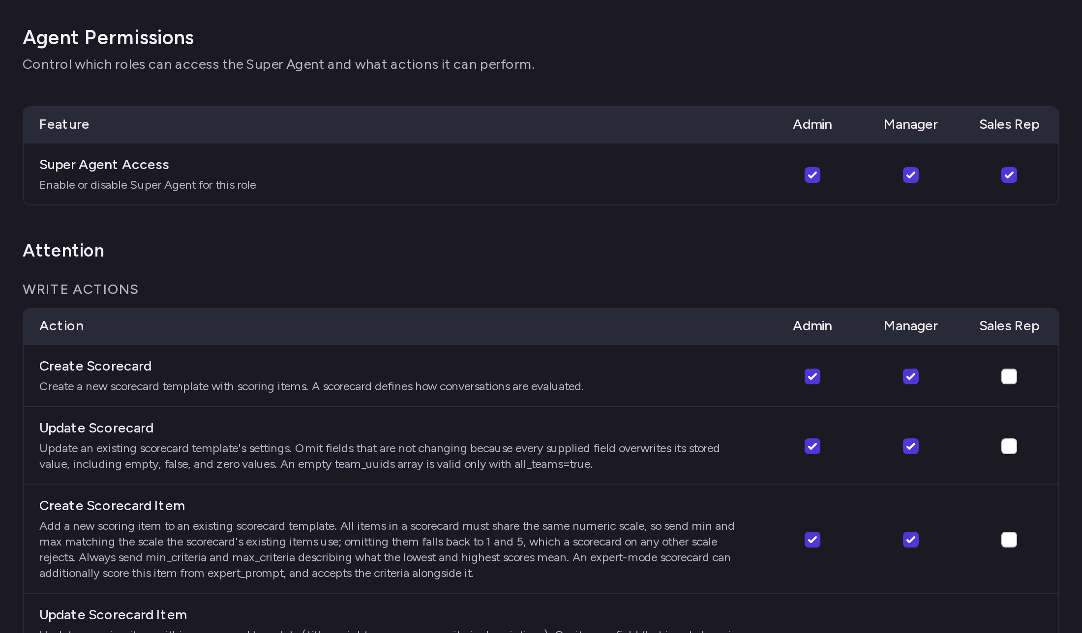 The Agent Permissions page with the Super Agent Access row and the first actions table