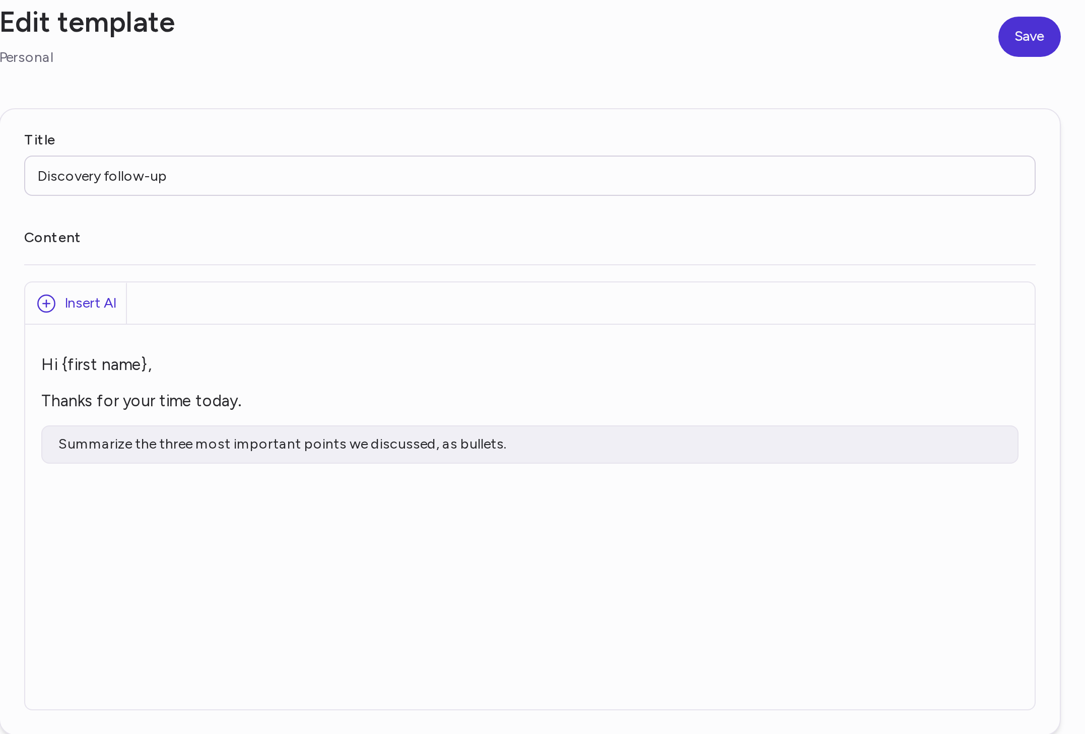 The Edit template page with plain text, an AI block and the Insert AI button