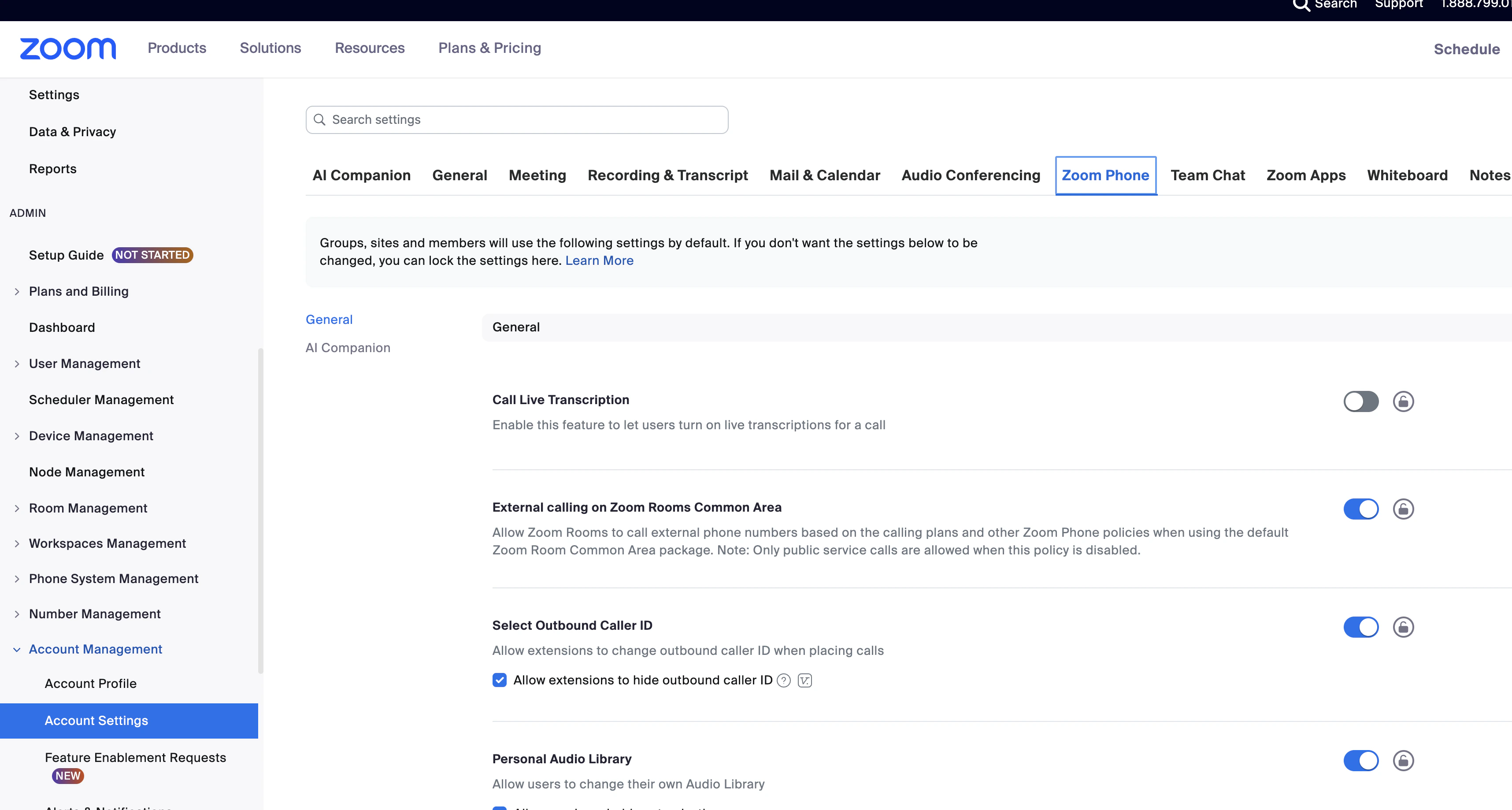 Zoom admin showing Account settings and Zoom Phone tab