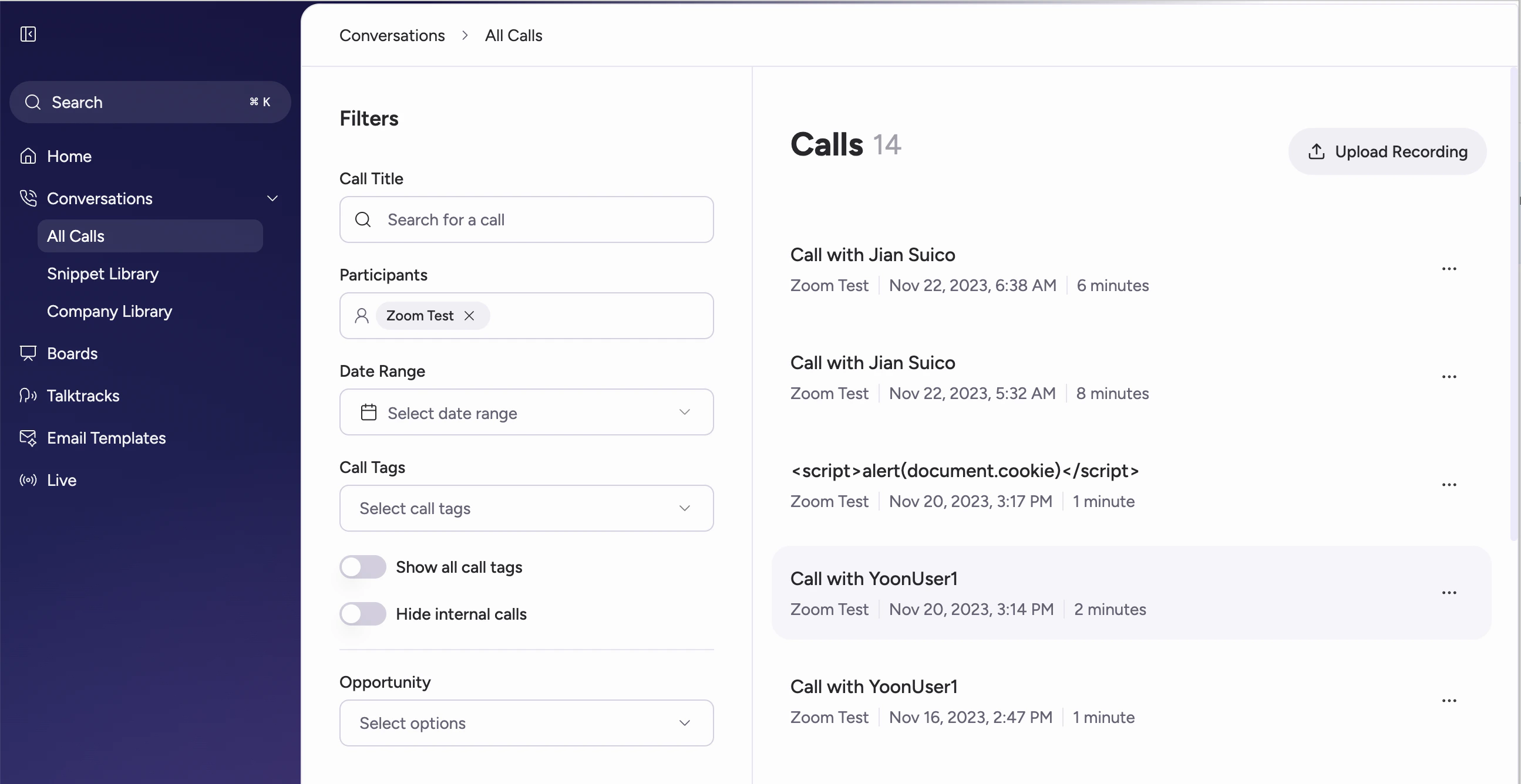 All calls list showing the conversation