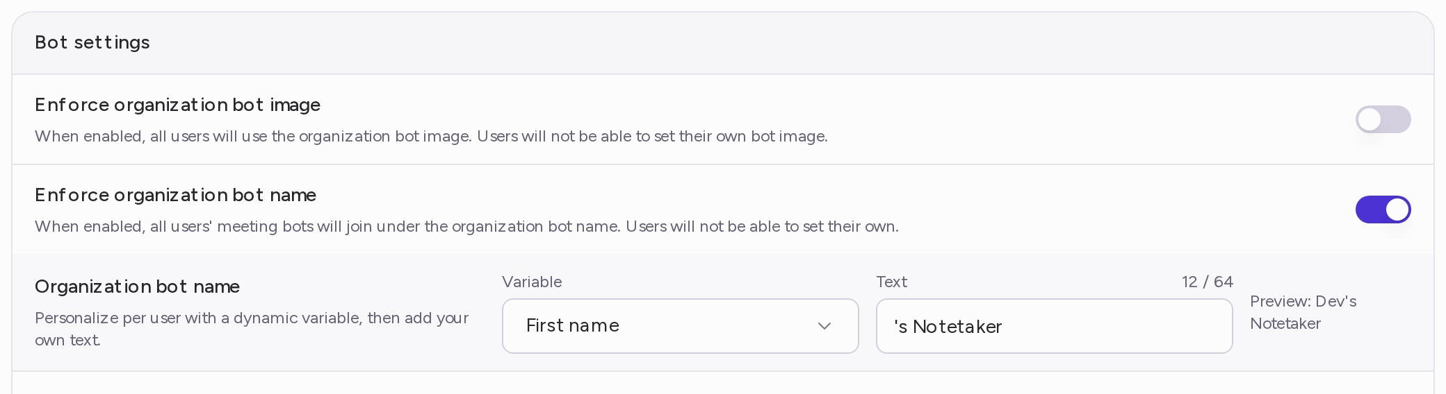 The Bot settings card with Enforce organization bot name turned on, showing the Variable and Text fields and the preview