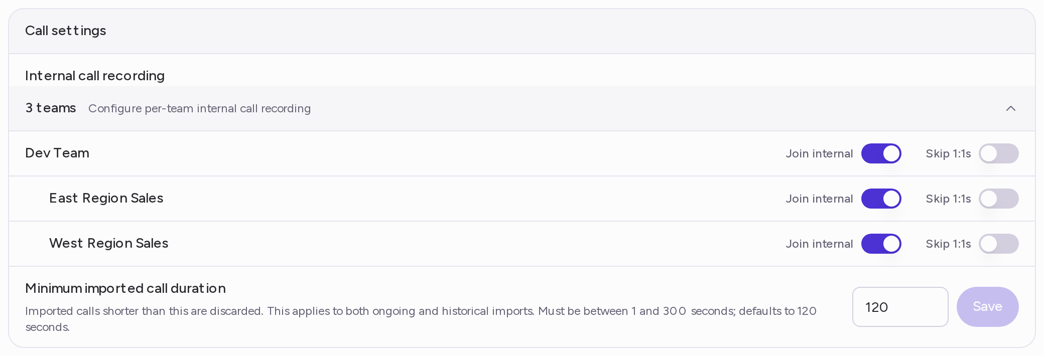 The Internal call recording list expanded, with the Join internal and Skip 1:1s switches for each team