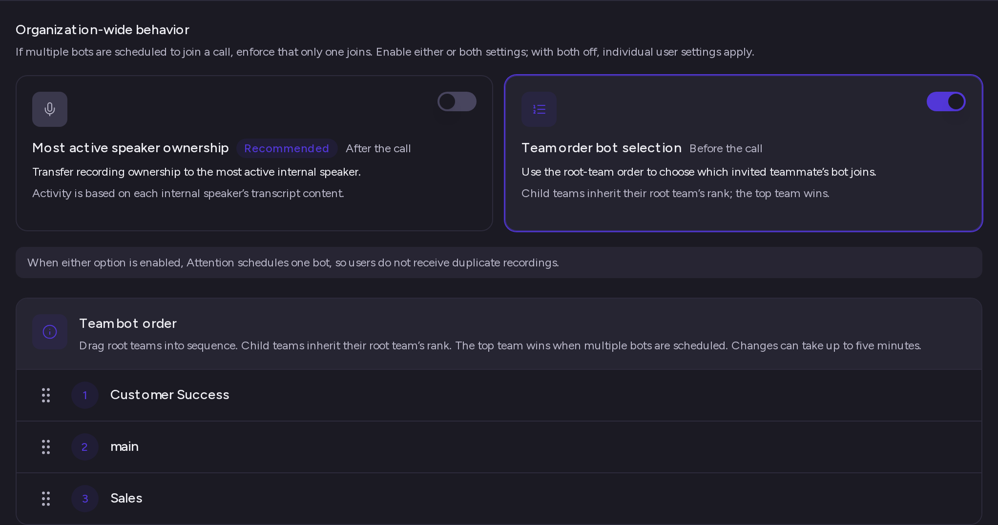 The Organization-wide behavior section with Team order bot selection turned on and the Team bot order list below it
