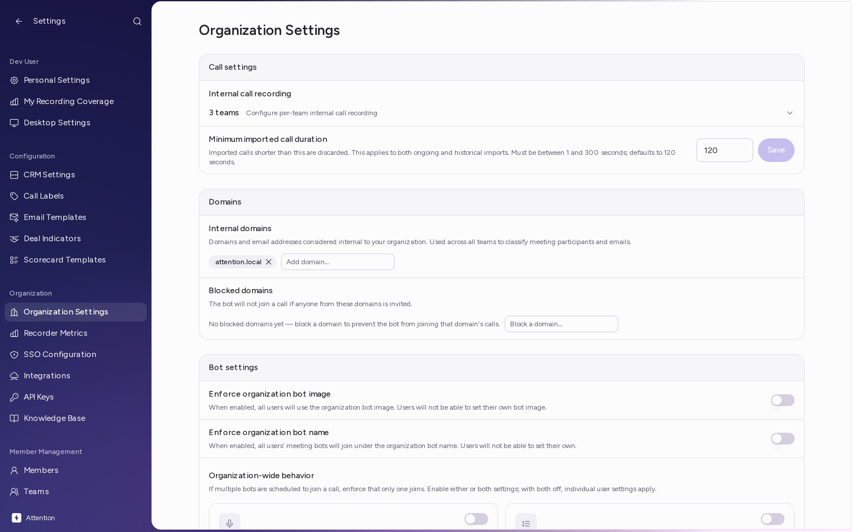 The top of the Organization Settings page, with the Call settings, Domains and Bot settings cards
