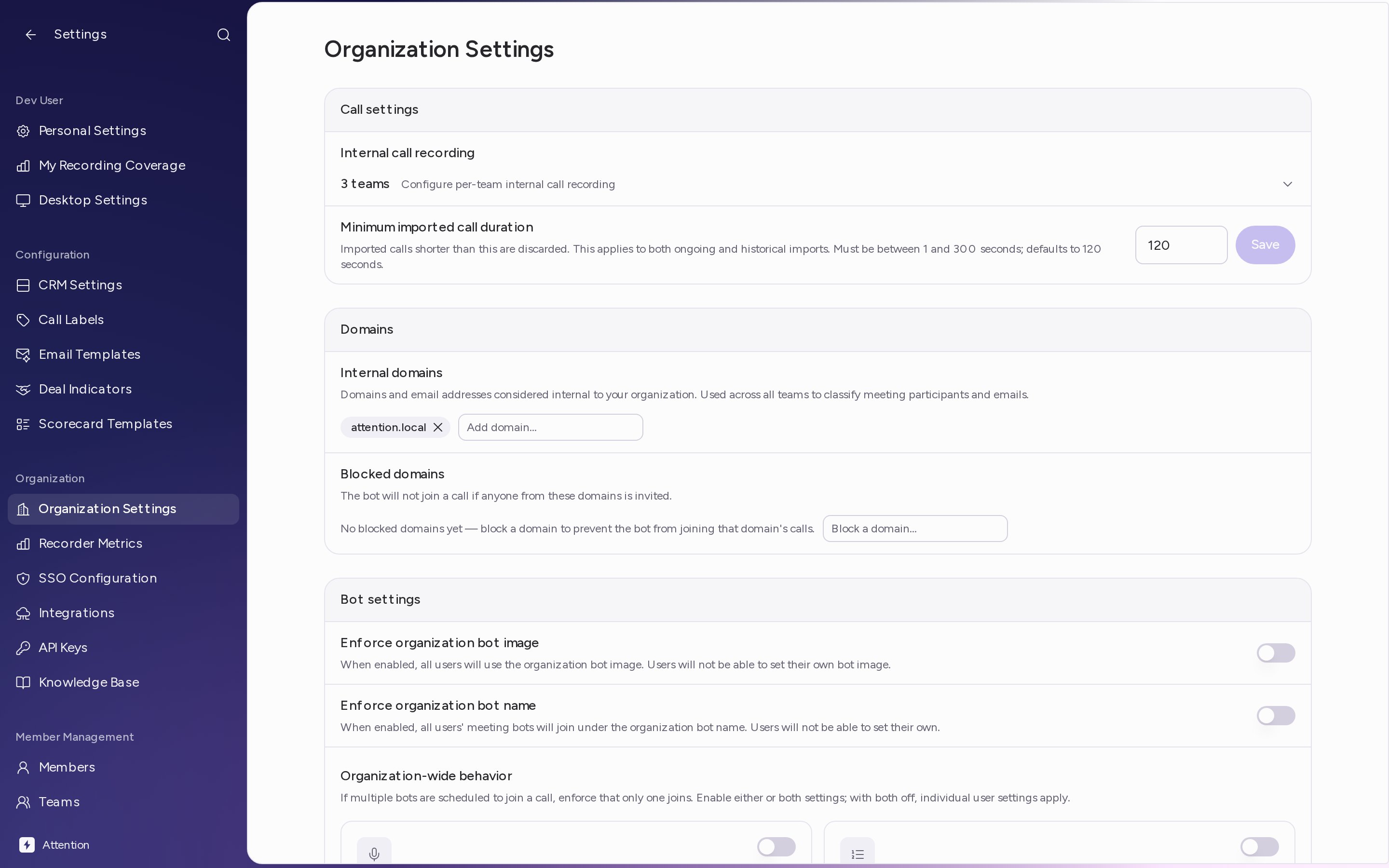 The top of the Organization Settings page, with the Call settings, Domains and Bot settings cards