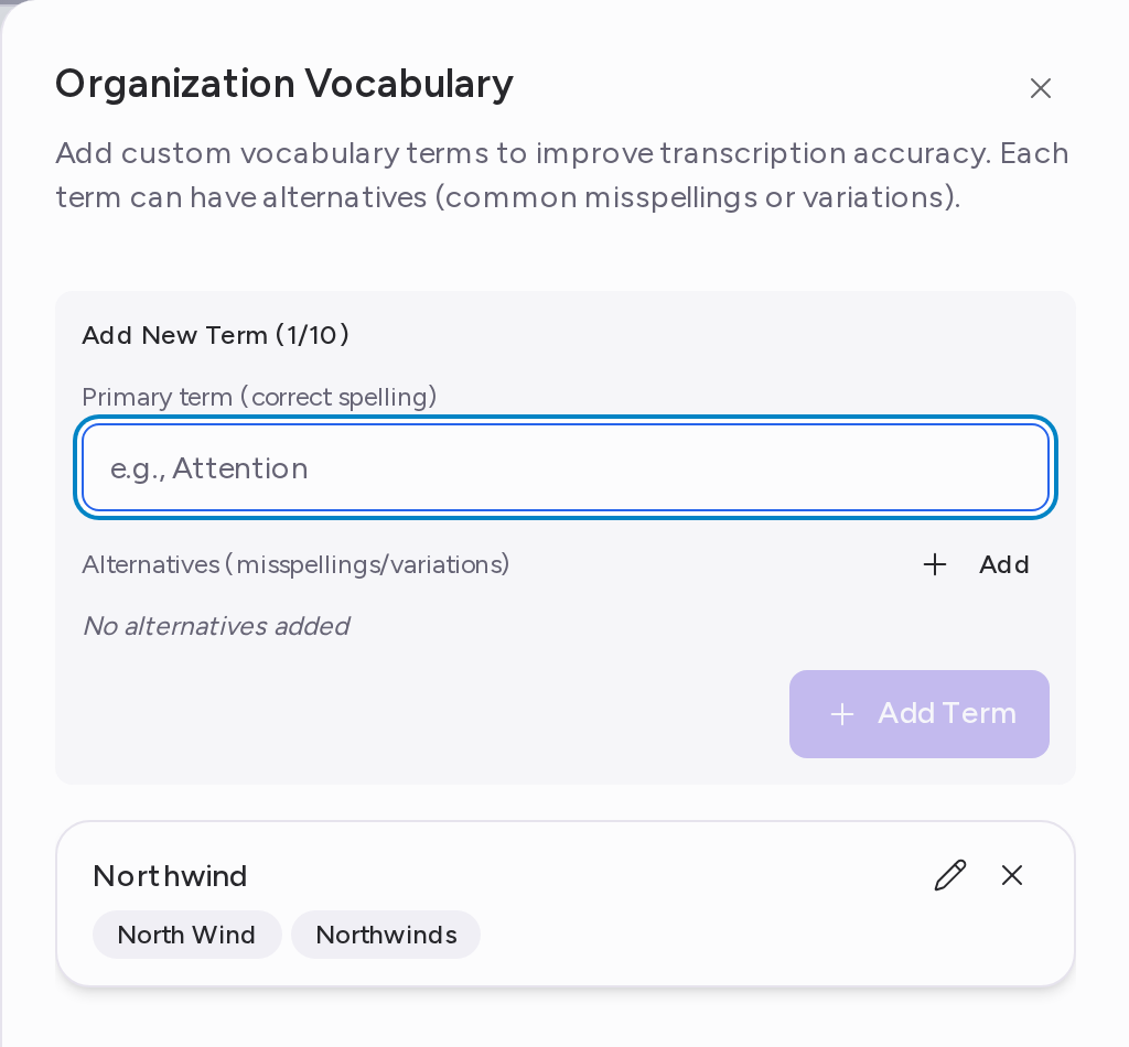 The Organization Vocabulary panel with a primary term and its alternatives