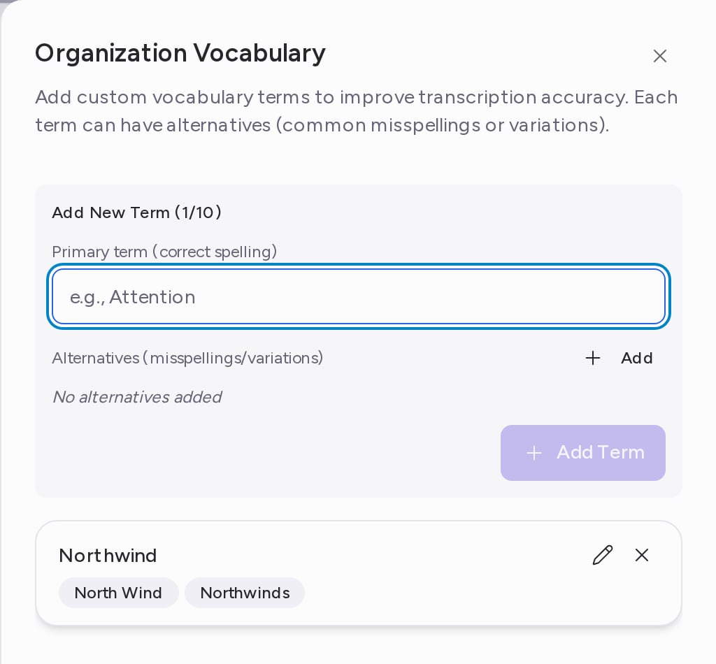 The Organization Vocabulary panel with a primary term and its alternatives