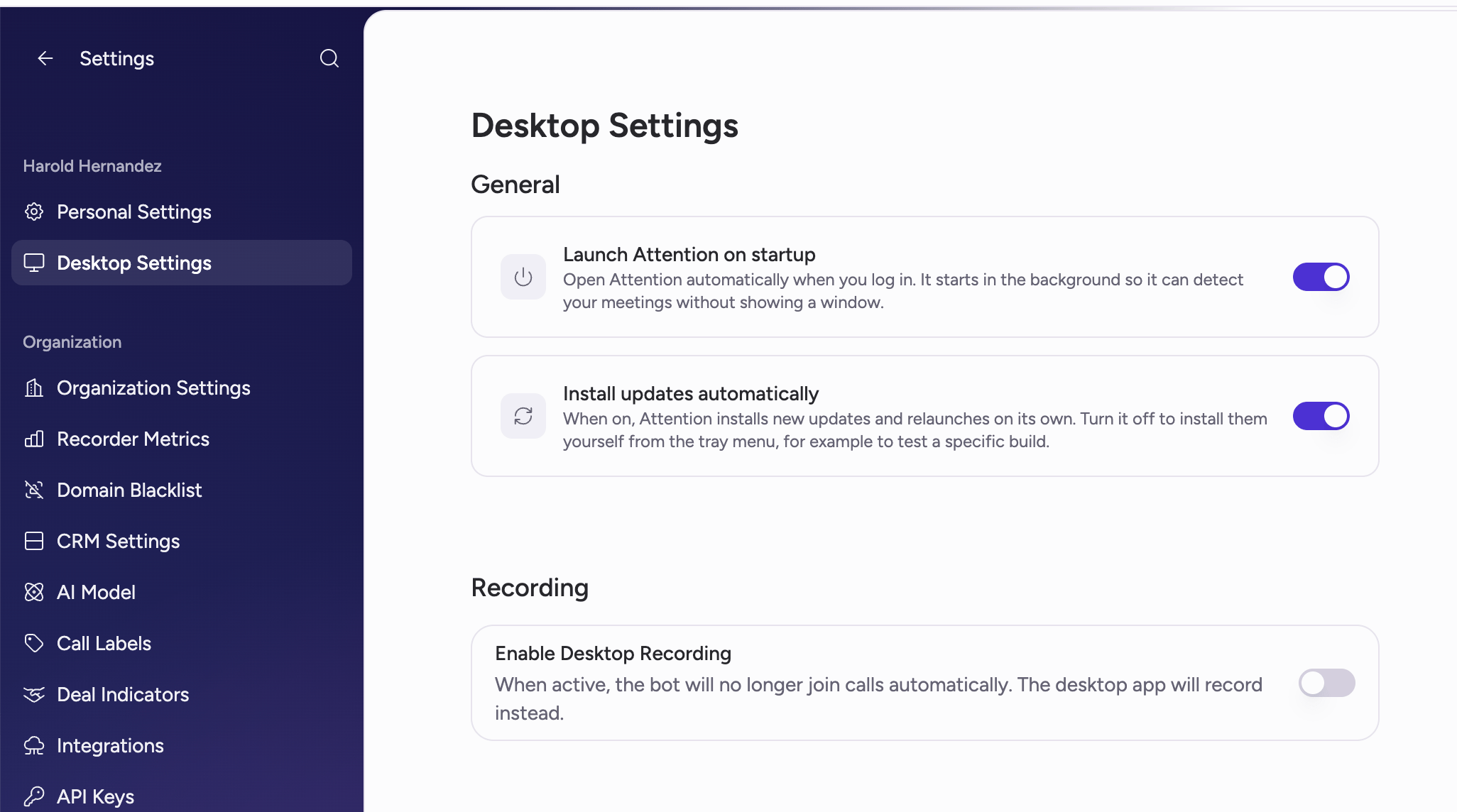 Desktop Settings with Enable Desktop Recording turned off