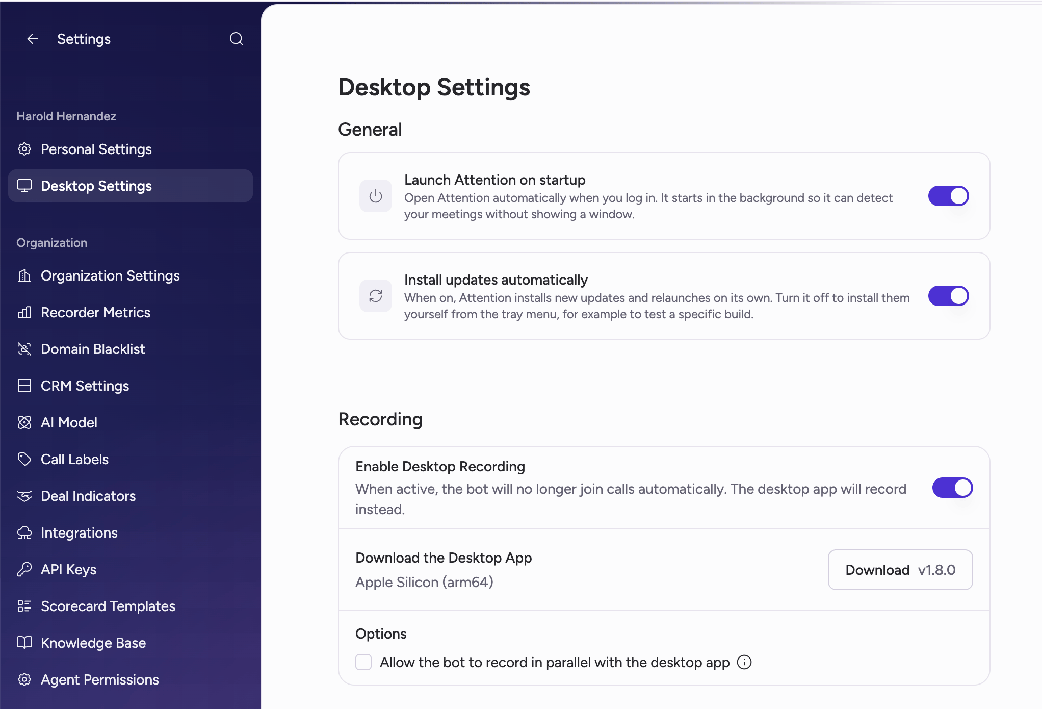 Desktop Settings with Enable Desktop Recording turned on, showing the download section