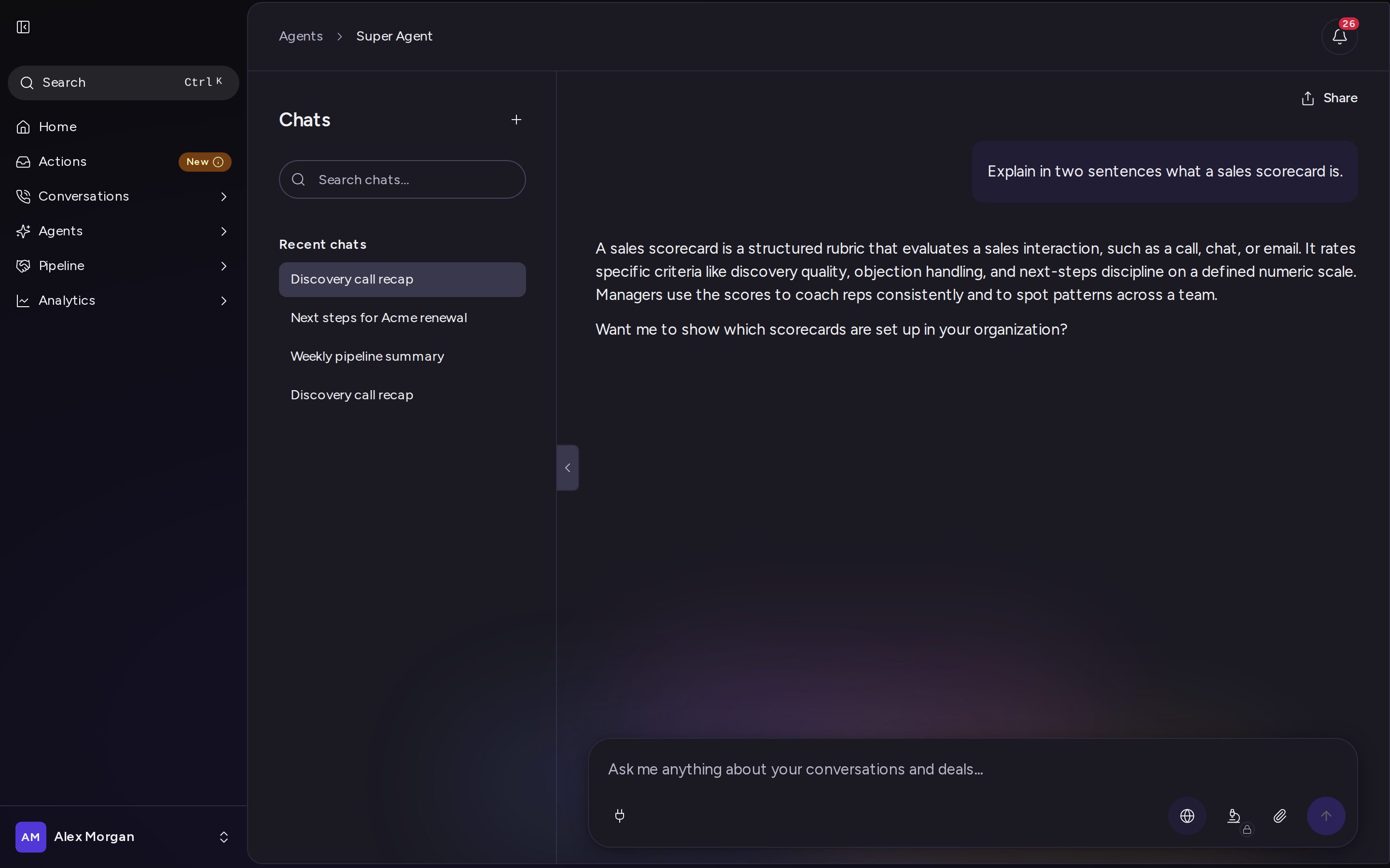The Super Agent page with the Chats list on the left and the message box