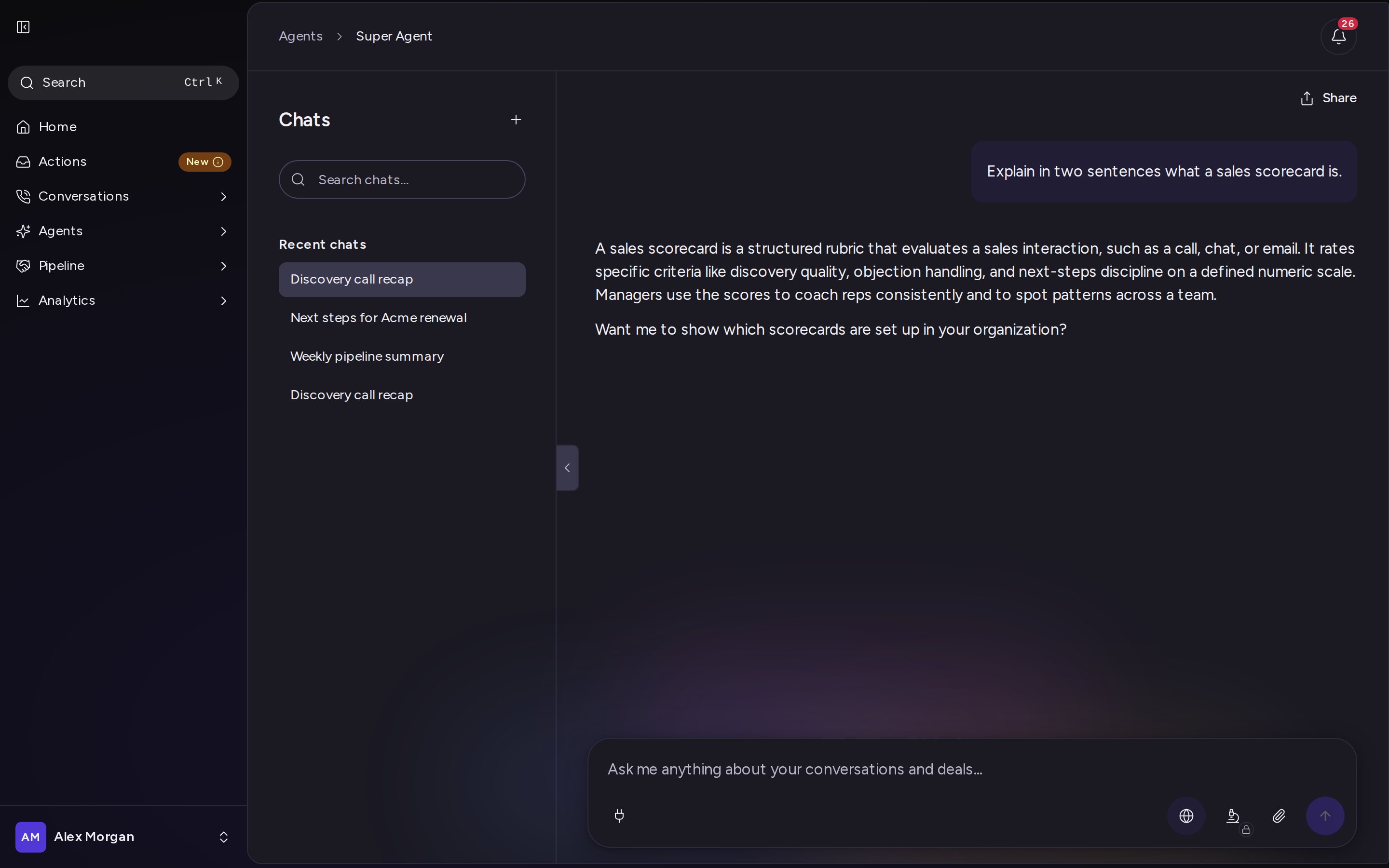 The Super Agent page with the Chats list on the left and the message box