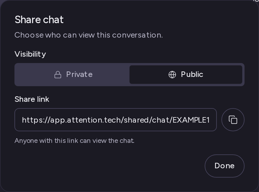 The Share chat dialog with Public selected and the share link