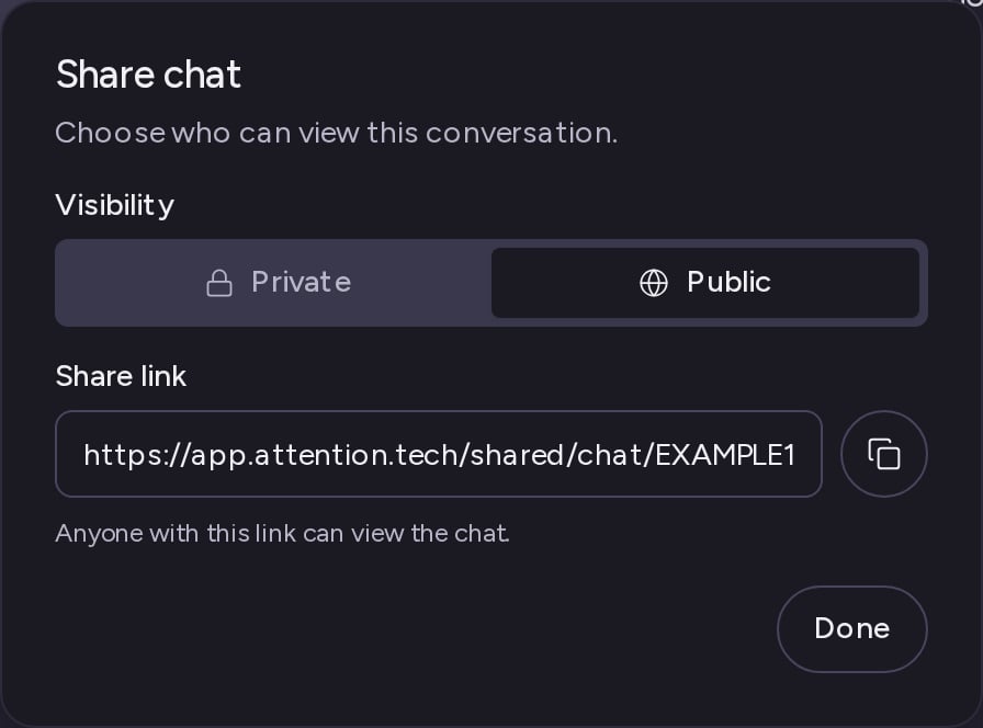 The Share chat dialog with Public selected and the share link