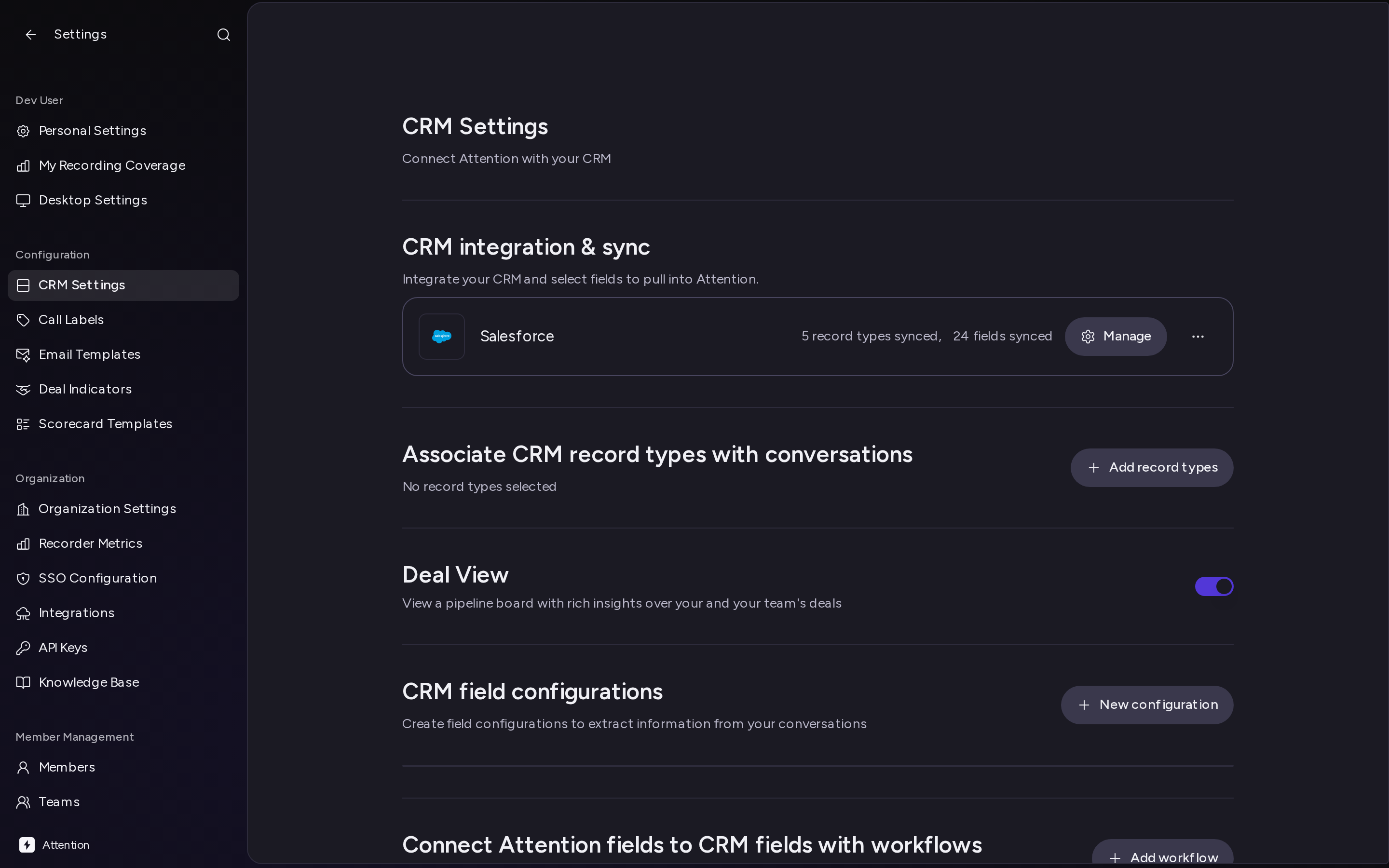 The CRM Settings page with a connected CRM