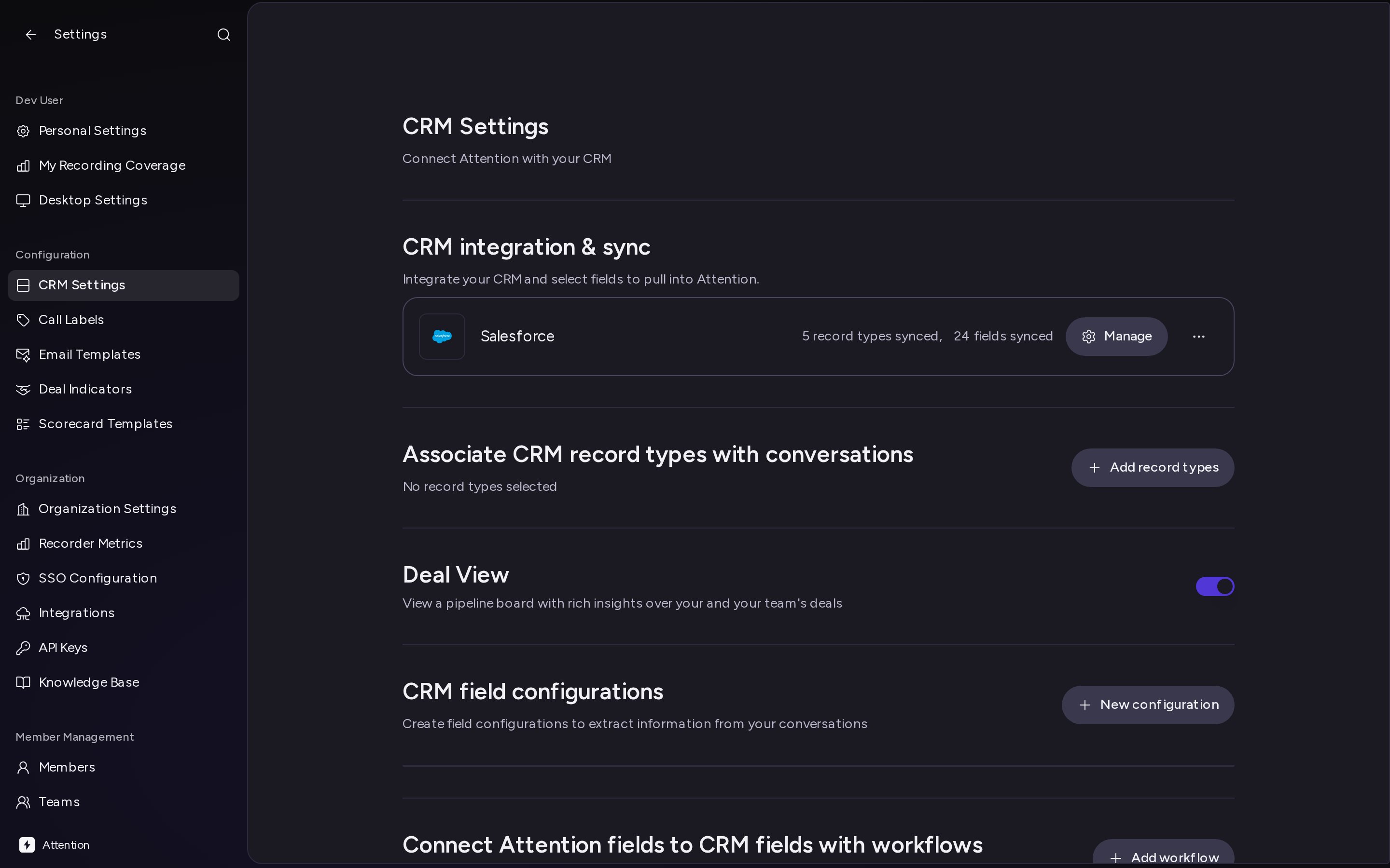 The CRM Settings page with a connected CRM