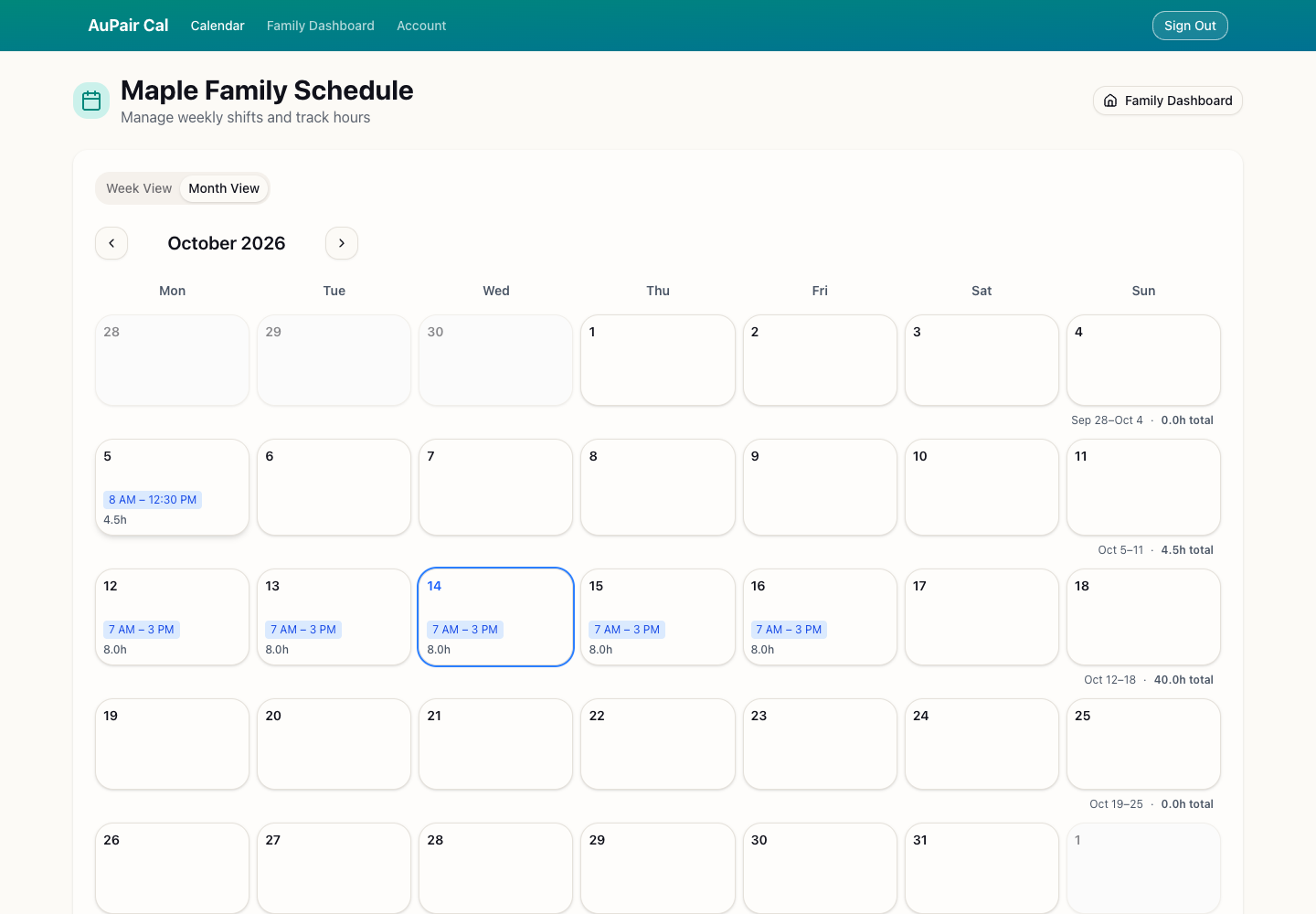 Desktop October 2026 Month View showing childcare shifts and weekly totals