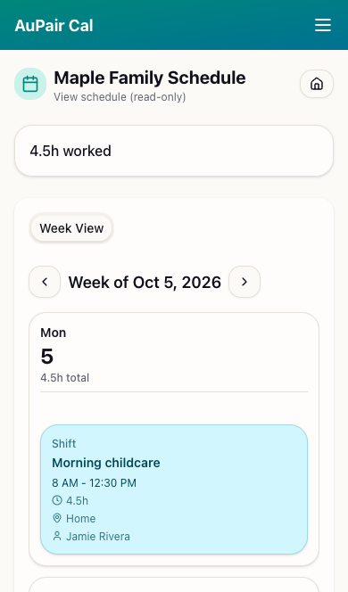 Au pair read-only calendar showing a Morning childcare shift