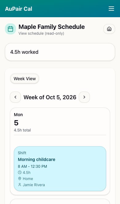 Au pair read-only calendar showing a Morning childcare shift
