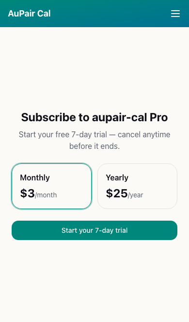 Household subscription screen with monthly and yearly plan choices