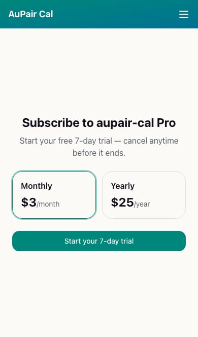 Household subscription screen with monthly and yearly plan choices