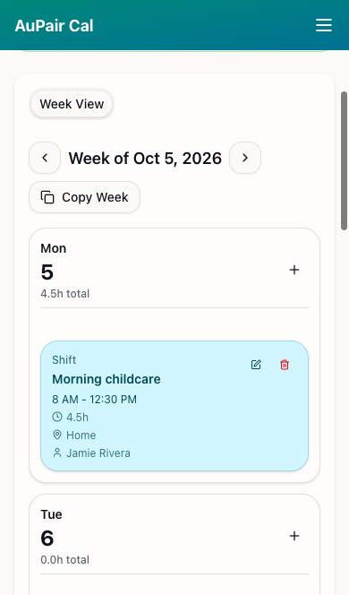 Mobile Week View with a Morning childcare day card