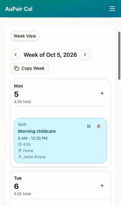 Mobile Week View with a Morning childcare day card