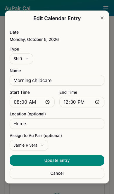 Edit Calendar Entry showing Morning childcare assigned to Jamie Rivera
