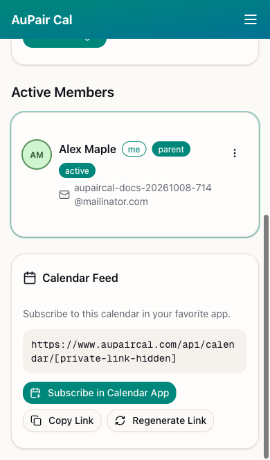 Calendar Feed controls with the private subscription link hidden