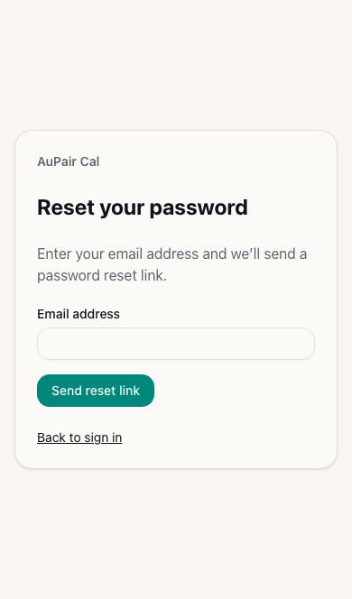 Reset your password form with email field and Send reset link button