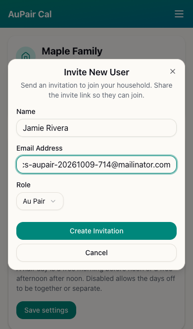 Invite New User form for Jamie Rivera with Au Pair selected