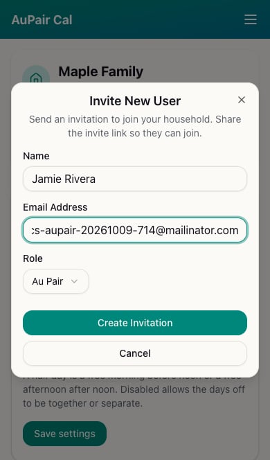 Invite New User form for Jamie Rivera with Au Pair selected