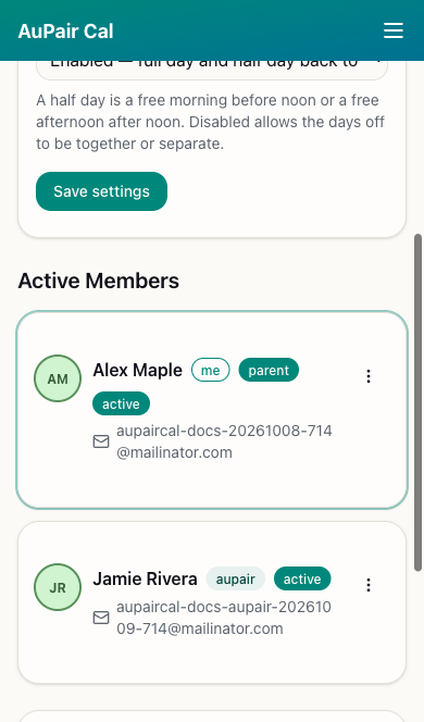 Family Dashboard showing Alex Maple as parent and Jamie Rivera as an active au pair