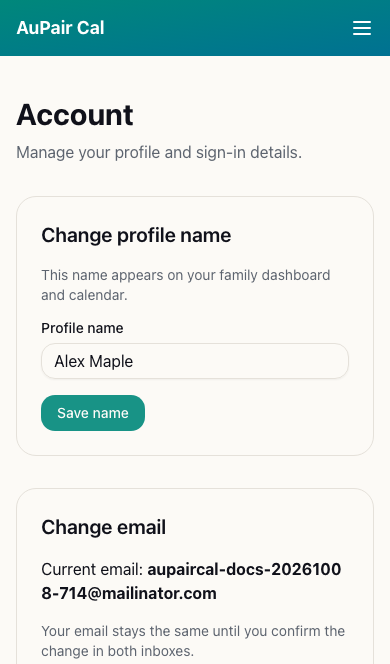Account page showing Alex Maple in the Change profile name form