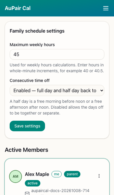 Family schedule settings showing 45 maximum weekly hours and consecutive time off enabled