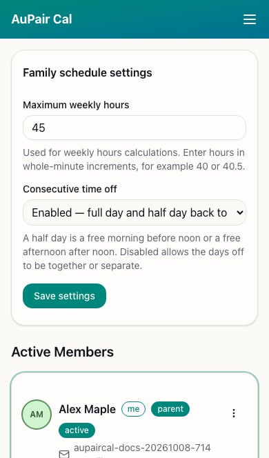 Family schedule settings showing 45 maximum weekly hours and consecutive time off enabled