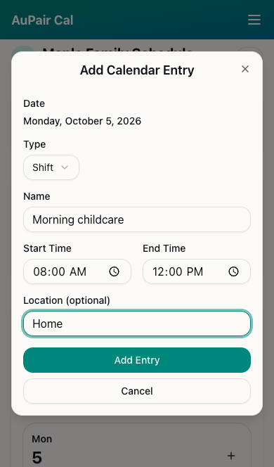 Add Calendar Entry form for Morning childcare from 8 AM to noon at Home