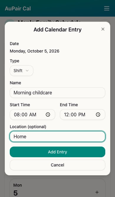 Add Calendar Entry form for Morning childcare from 8 AM to noon at Home